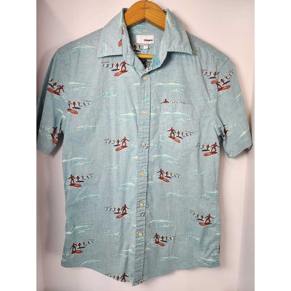 Sonoma Goods For Life Mens Small Blue Surfer Print Short Sleeve Button DownShirt